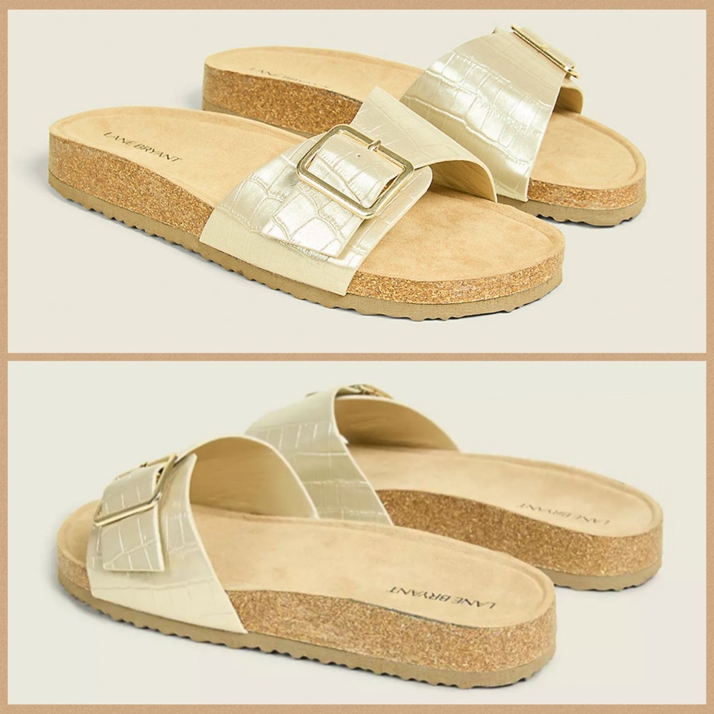 Lane Bryant NWT Dream Cloud Buckle-Detail Gold Slip-On Sandals Slides Sz 10W